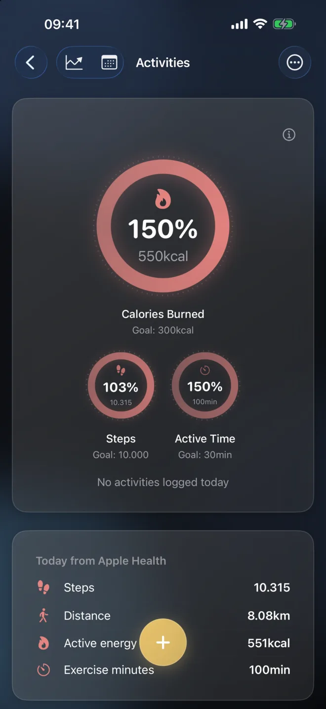 Disciplines Activities screen with calories burned, steps and active time
