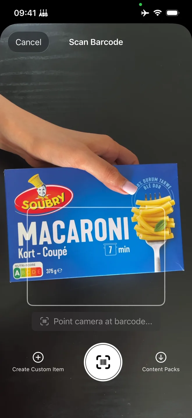 Scanning the barcode of a pasta box with the Disciplines camera
