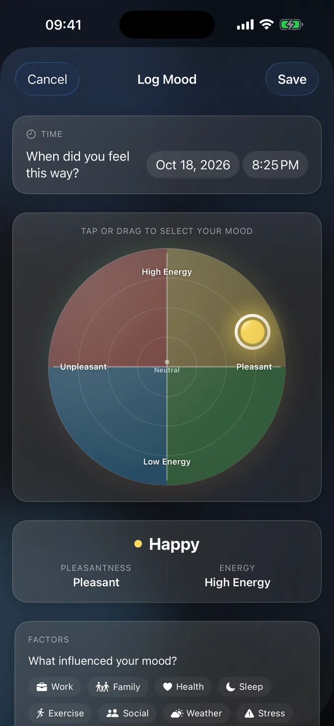 Logging a happy mood on the Disciplines mood wheel