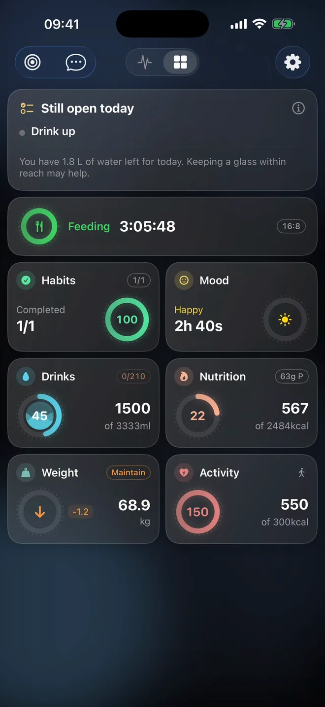 Disciplines Routine screen with fasting, habits, mood, drinks, nutrition, weight and activity