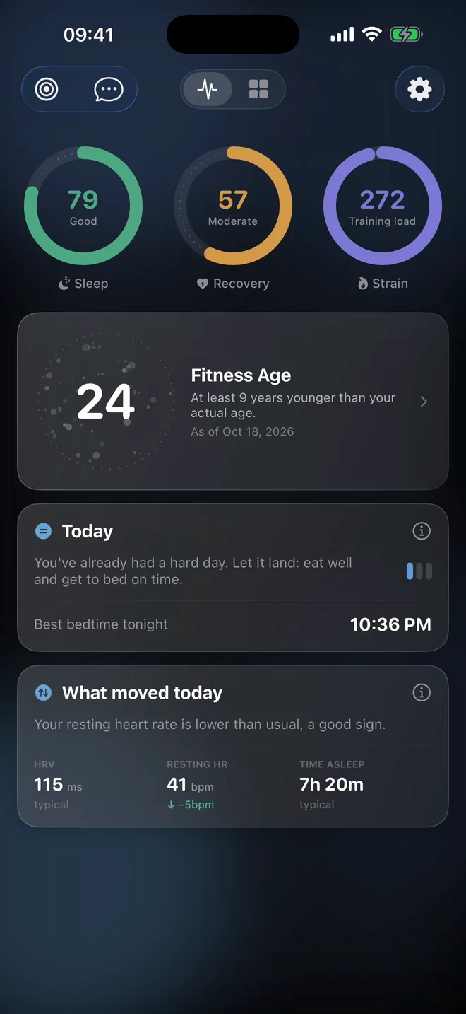 Disciplines Signals screen with Sleep, Recovery and Strain scores and Fitness Age