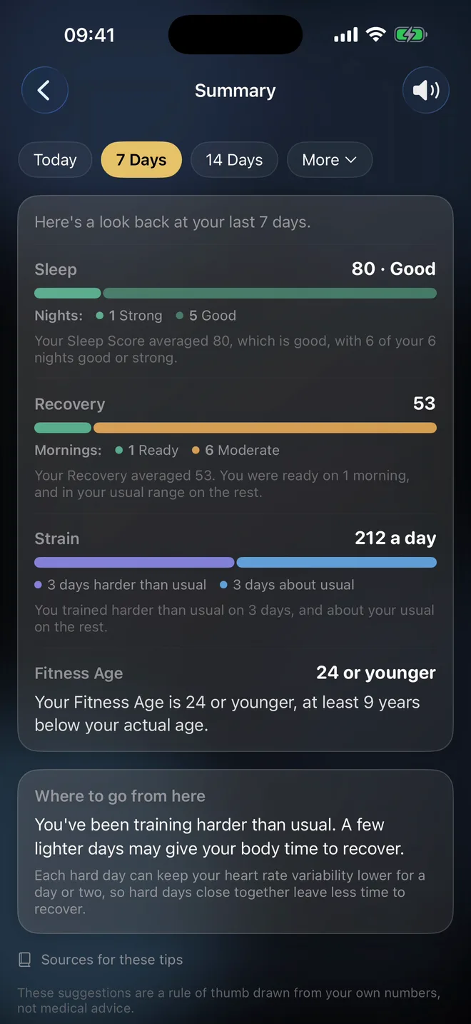 Disciplines Summary screen describing last night's sleep, this morning's recovery, today's strain and a training tip