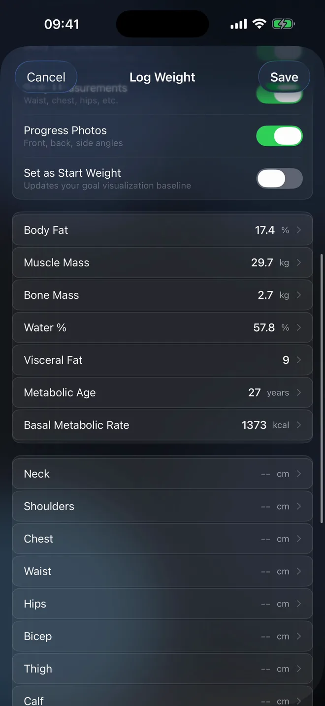 Logging weight with body composition in Disciplines